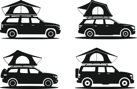 Set of Minimalist black off road suv car with rooftop tent for camping adventure silhouette vector icon