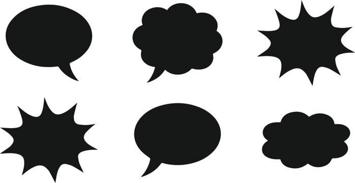 Minimalist black comic speech bubble and chat cloud collection for cartoon expression silhouette vector icon set
