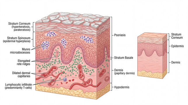 Intricate skin histology revealing Psoriasis pathology alongside a healthy dermal architecture