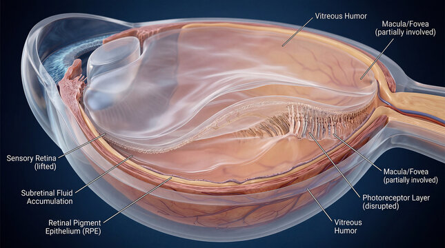 Illustrative cross section of the human eye reveals a severe Retinal detachment