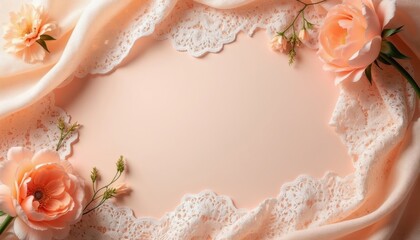 Fototapeta premium Soft peach fabric with white lace border and delicate rose flowers. Empty space for text overlay. Elegant background for romantic event invitations, wedding cards, or bridal shower designs.