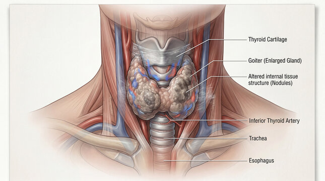 Vivid depiction of a human neck's intricate anatomy revealing an enlarged thyroid gland with distinct nodules