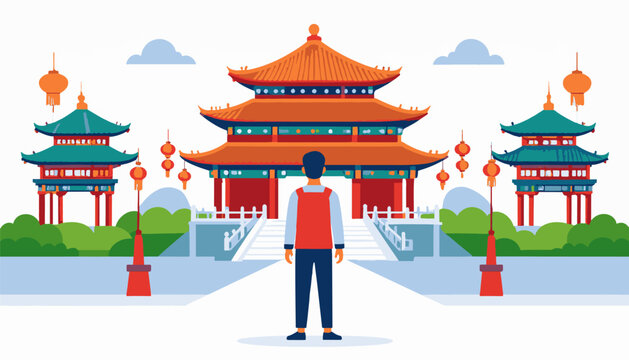 Person facing traditional pagoda architecture with lanterns and clouds