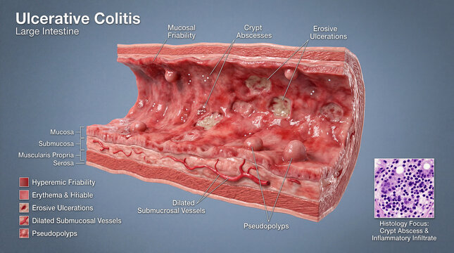 Unveiling the inflamed landscape of Ulcerative Colitis in the Large Intestine, detailing its intricate cellular turmoil
