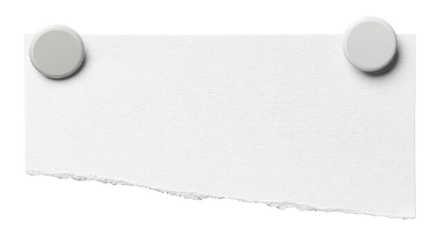 Isolated pinned torn ripped white paper note with two pins or thumbtacks with copy space for text, transparent png background design element