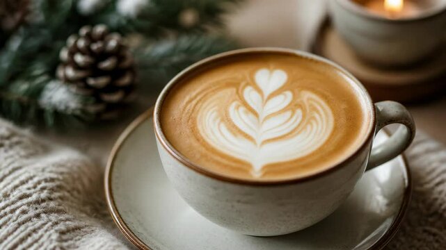 A steaming ceramic cup of latte with intricate heart shaped foam art rests on a rustic wooden table, creating a cozy atmosphere with warm lighting and a soft textured knit throw in the background.