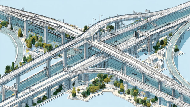 Aerial view of complex urban freeway interchange with multiple elevated roads in cityscape