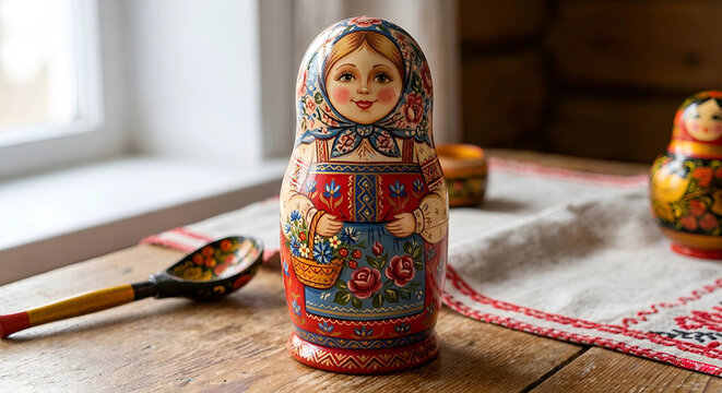 Russian Matryoshka Doll on Wooden Table