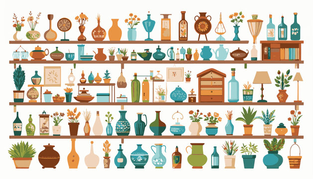 Shelves filled with various decorative vases, bottles, plants and household items