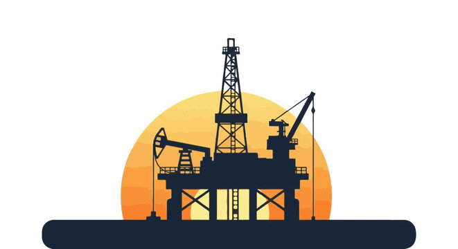 Silhouette of oil rig and pumpjack against sunset