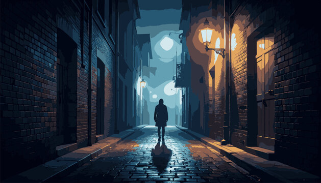 Silhouette walks down a cobblestone alley at night, lit by streetlamps