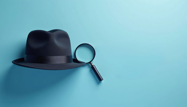Black fedora hat and magnifying glass sit on a clean blue backdrop. Minimalist representation of investigation and research, or concept of mystery.