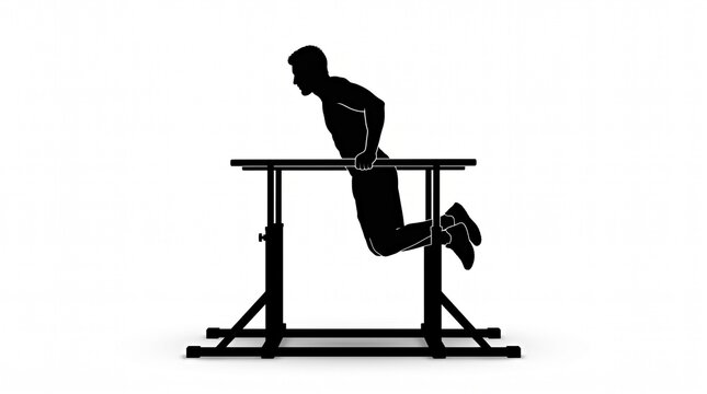 Black Silhouette Man Demonstrating Proper Parallel Bar Dip Technique on Sturdy Gym Dip Station