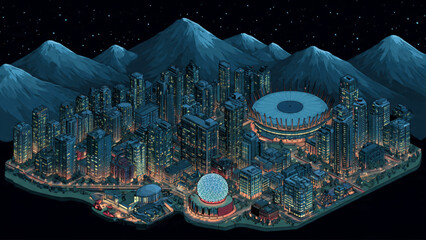 Nighttime cityscape with illuminated skyscrapers mountains and sports arena under starry sky © Siala Ban
