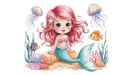Cute little mermaid with pink hair sitting on a rock underwater with fish and jellyfish in a colorful ocean cartoon illustration Vector © ANOWARUL