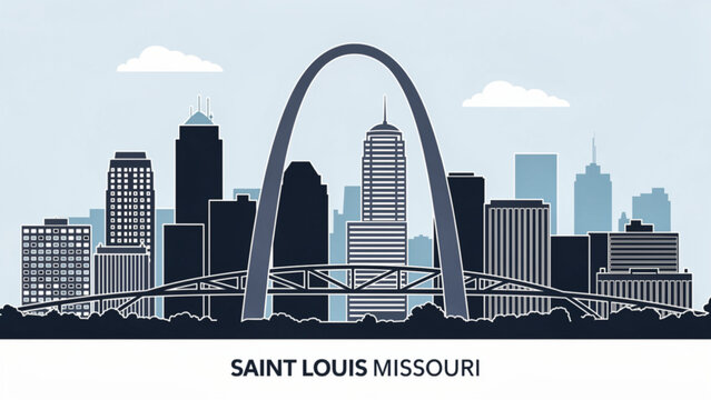 Stylized skyline with Gateway Arch over cityscape in cool blue tones for urban scenery