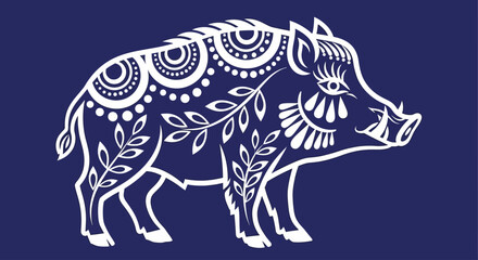 Fototapeta premium Boar, tribal, boar illustration, animal design, white on dark blue background, vector boar, decorative animal, folk art style