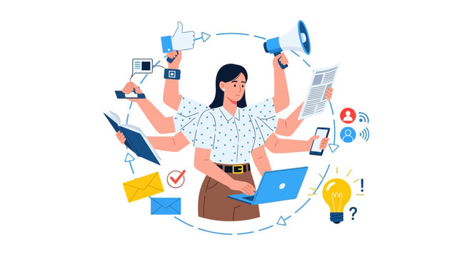 Multitasking businesswoman, modern office workflow, productivity vector icons, colorful illustration, flat design