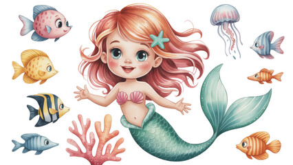 Cute little mermaid girl swimming with colorful tropical fish and coral reef elements Vector © ANOWARUL