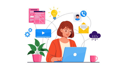 Businesswoman, remote worker, office icons, workflow vector, colorful illustration, digital communication, productivity concept © Adam