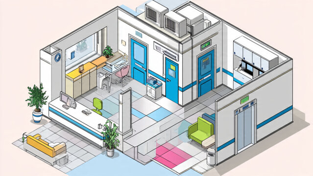 Modern hospital interior with bright colors, medical equipment, patient care area and clean design