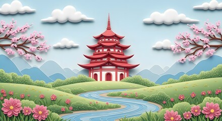 Fototapeta premium Traditional Japanese Pagoda Landscape with Cherry Blossoms and Peaceful Nature Scene