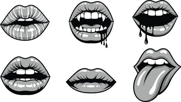 Six stylized black-and-white lip and mouth illustrations featuring glossy lips, vampire fangs, dripping liquid, and expressive tongue