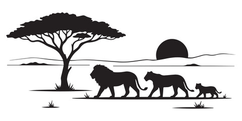 Elephant family walking at sunset in African savanna with acacia tree silhouette © MD.A.A.HIMUL