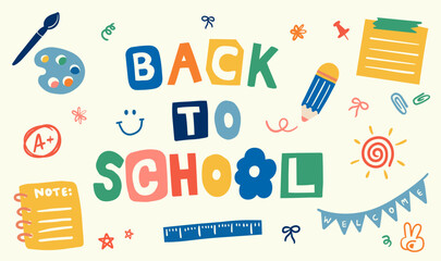 Colorful back to school background with school supplies, creative doodles, and playful typography. Ideal for educational posters, banners, classroom materials, and kids learning concepts. © Wirawan