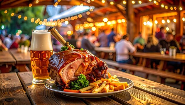 Delicious pork knuckle with fries and beer.
