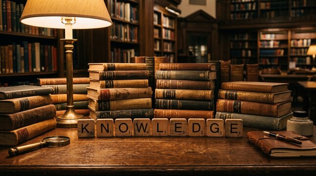 Knowledge concept with stacked books and lamp on wooden desk in library