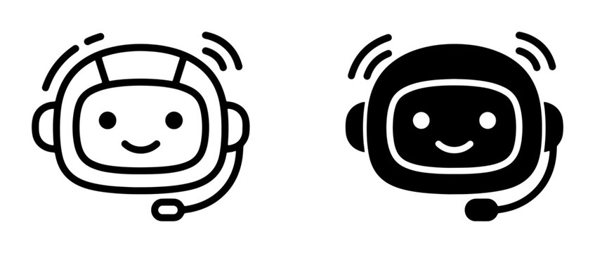 Friendly Robot Head Icons, AI Assistant Chatbot Support Service, Customer Care Bot Vector Graphics