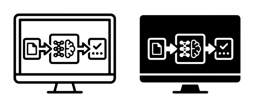 Computer screen displaying AI process flow, machine learning algorithm, data input to output, and validation check, presented in line art and solid silhouette vector formats.