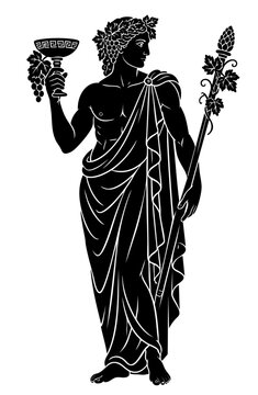 Dionysus god of wine and ecstasy holding thyrsus and ceremonial cup ancient Greek silhouette