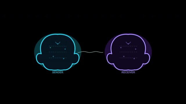 Blue and purple heads represent digital communication while wavy line symbolizes connection. Suitable for technology or social media concepts.