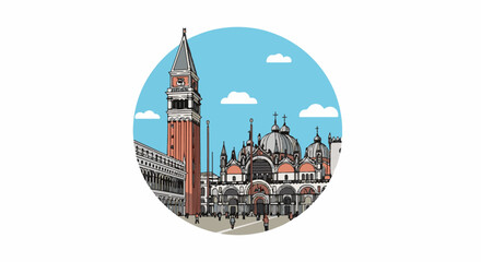 Obraz premium Stylized illustration of a European plaza with a bell tower and domed cathedral