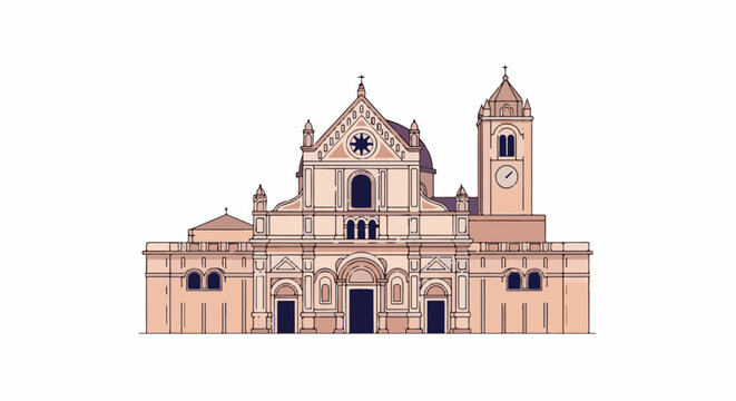 Stylized illustration of a grand church with a prominent bell tower and clock