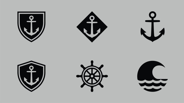 Collection of six nautical anchor and ship wheel icons in black on a grey background design.
