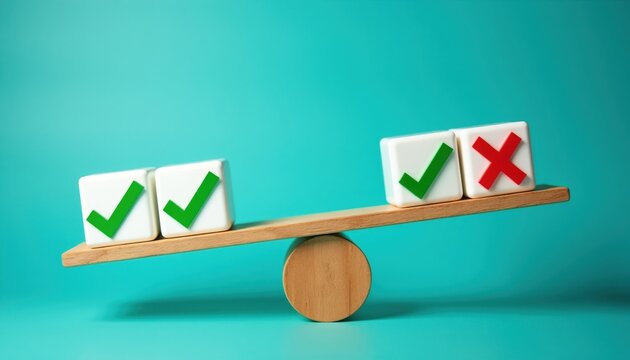 Wooden seesaw balances white cubes with green checkmarks and red crosses. Weighing options, making choices, yes or no, good versus bad, decision analysis, comparing pros and cons.
