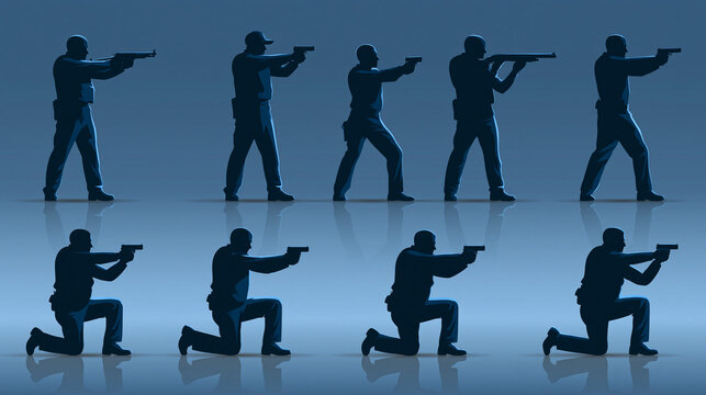 Silhouettes of faceless men in standing and kneeling shooting positions holding handguns and rifles, tactical training firearm safety graphics, combat stances, weapons handling,