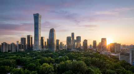 Fototapeta premium Modern beijing cbd skyline with skyscrapers at sunset