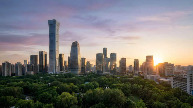 Modern beijing cbd skyline with skyscrapers at sunset