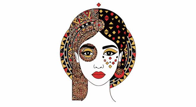 Stylized portrait of a woman with intricate geometric patterns on her face and hair