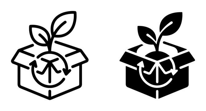 Eco-friendly packaging icons, recycling symbol on cardboard box with growing plant, sustainability concept vector set