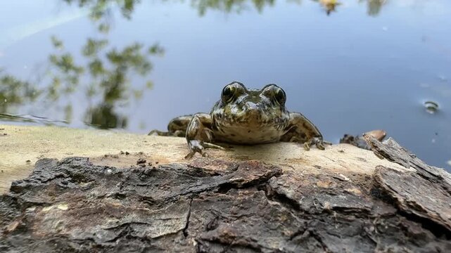 frog on a log the background of the river 