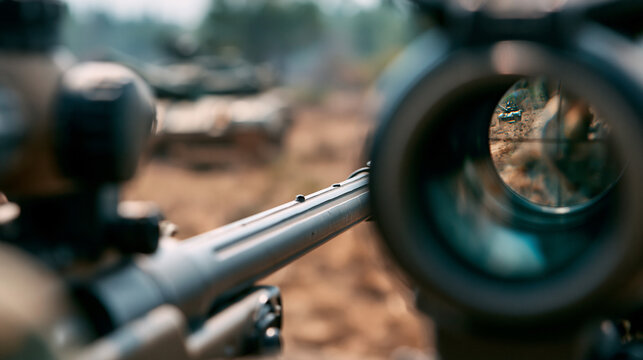 Defocused view through gun sights aimed at tank on dry ground during military exercises, targeting system, weapon scope perspective, combat training, tactical aiming, armored