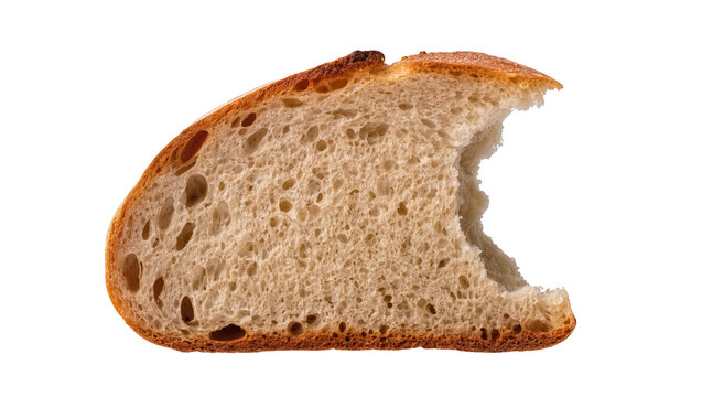 Crusty bread slice with bite mark and airy crumb