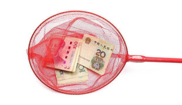 Children's butterfly net with catching yuan, rmb isolated on white background