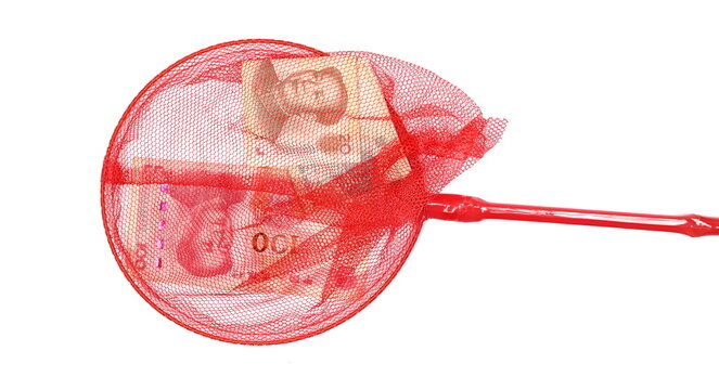 Children's butterfly net with catching yuan, rmb isolated on white background