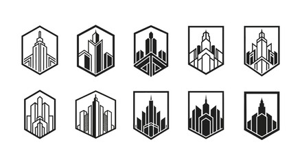 Naklejka premium Abstract city skyline icons set vector illustrations in geometric shapes